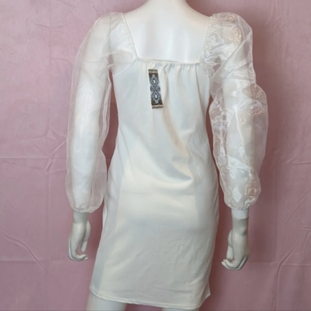 Boohoo White Tie Front Long Sheer Sleeves Mini Dress size 6
